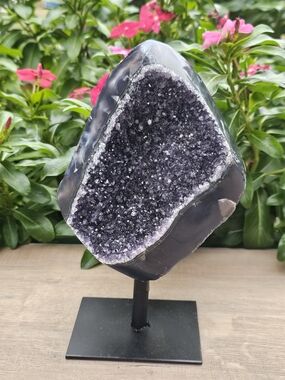 Black Amethyst Geode Crystal Sculpture on Stand